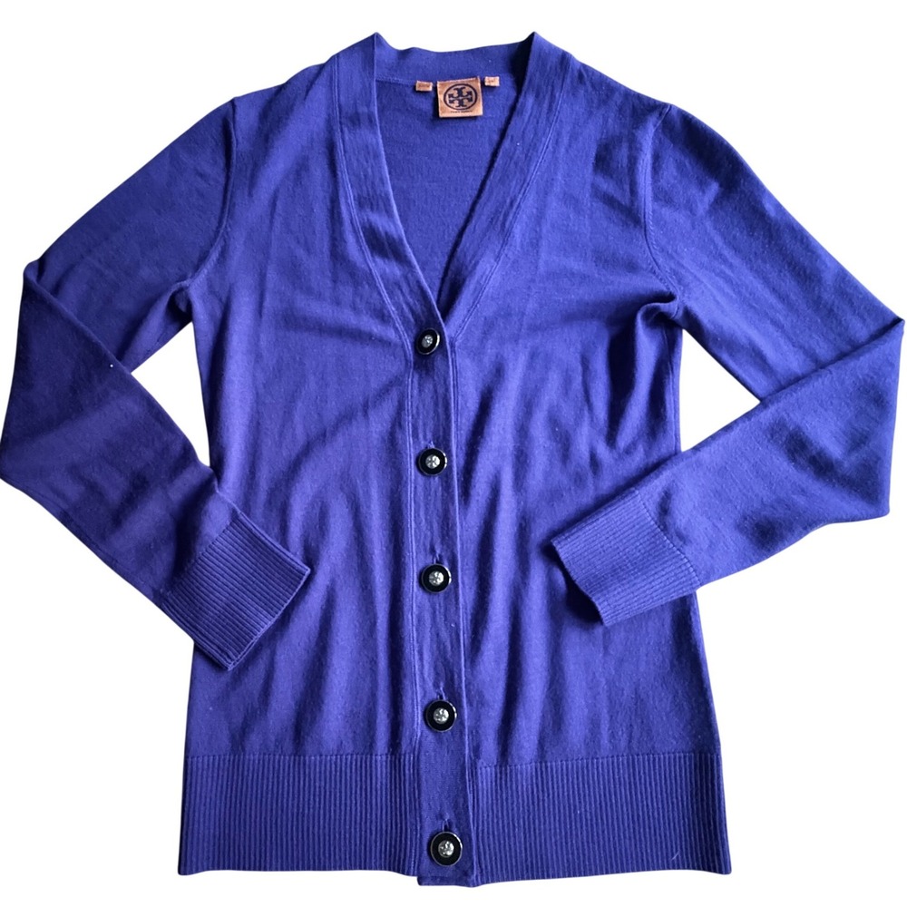 TORY BURCH Violet Purple Merino Wool‎ Silver Logo Buttons Cardigan Sweater SMALL